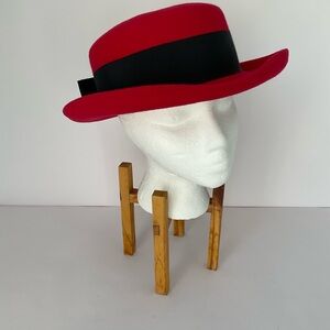 Arlin Classic Red Wool Felt Boater Hat with Black Bow Band
